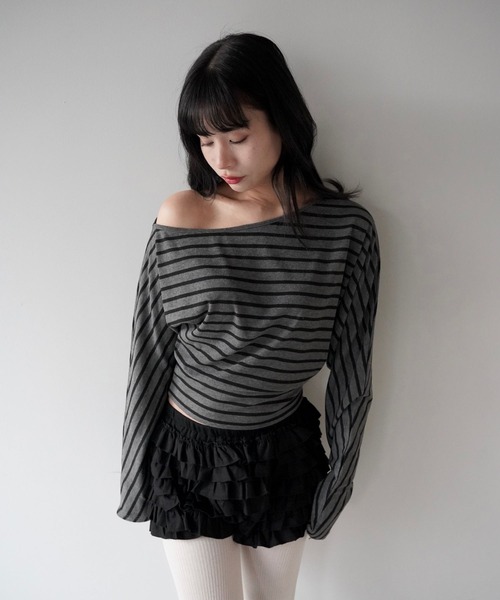 SANSeLF（サンセルフ）の「【SANSeLF】ワンショルダーボーダーコンパクトトップス saw25a082（その他トップス・レディース・グレー・FREE）」の2枚目の写真