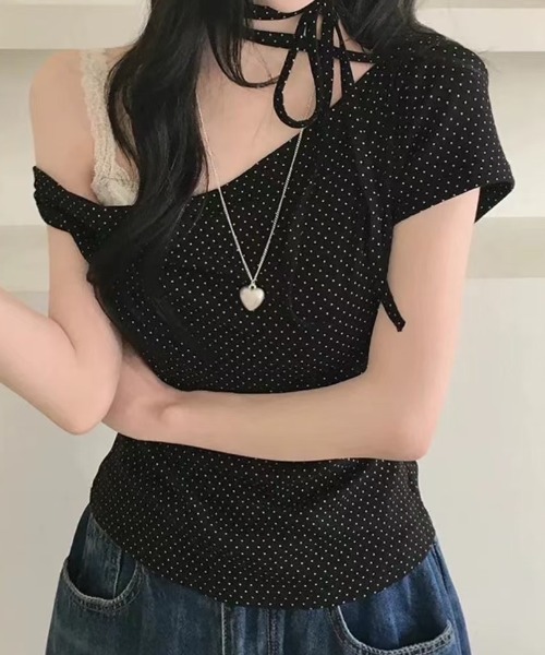 Mejoul(メジュール)の「【2026春夏新作】3wayドット柄アシンメトリーオフショルダーレースアップ Tシャツ(Tシャツ/カットソー・レディース・ピンク/ホワイト/ブラック・L/M)」の3枚目の写真