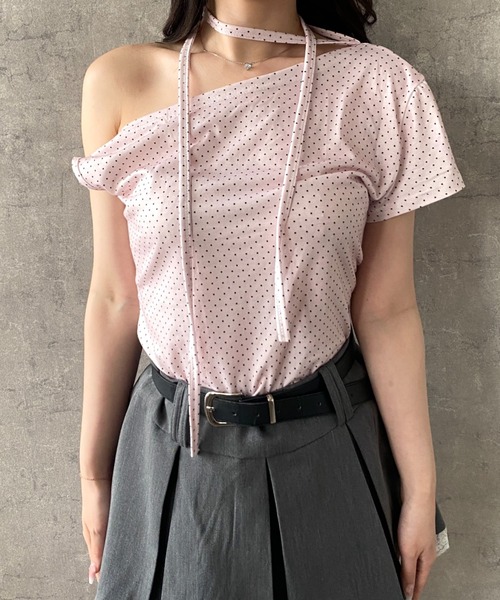 Mejoul(メジュール)の「【2026春夏新作】3wayドット柄アシンメトリーオフショルダーレースアップ Tシャツ(Tシャツ/カットソー・レディース・ピンク/ホワイト/ブラック・L/M)」の12枚目の写真