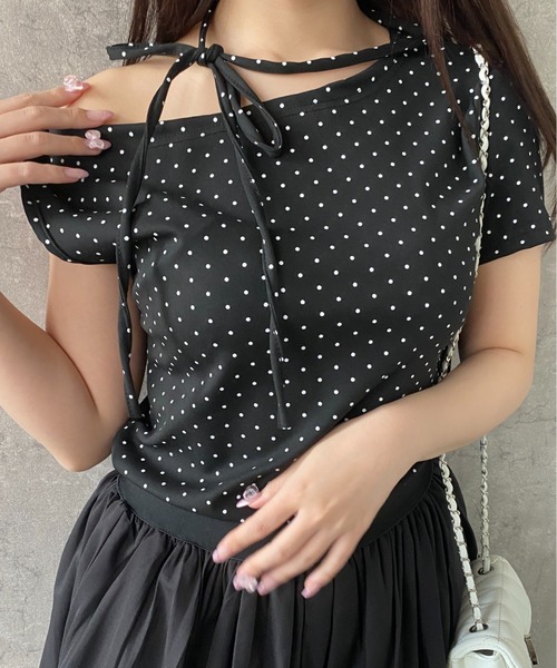 Mejoul(メジュール)の「【2026春夏新作】3wayドット柄アシンメトリーオフショルダーレースアップ Tシャツ(Tシャツ/カットソー・レディース・ピンク/ホワイト/ブラック・L/M)」の11枚目の写真
