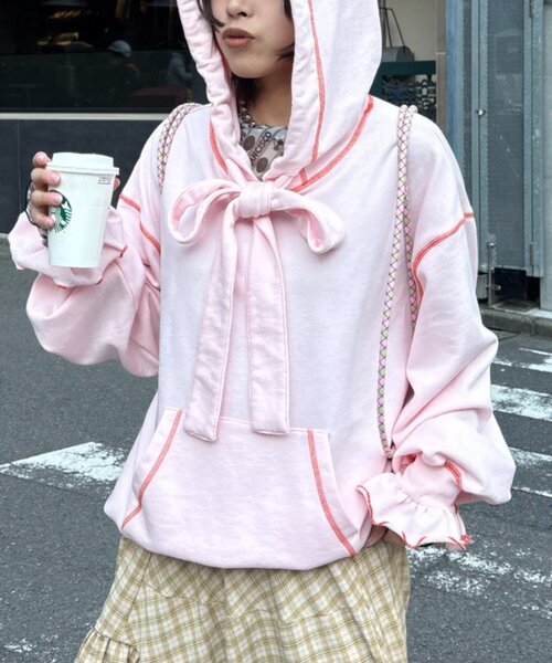HELLO.SANFRANCISCO（ハローサンフランシスコ）の「【HELLO.SANFRANCISCO】ビッグリボン裏毛パーカー（パーカー・レディース・グレー/イエロー/ピンク・ONE SIZE）」の22枚目の写真