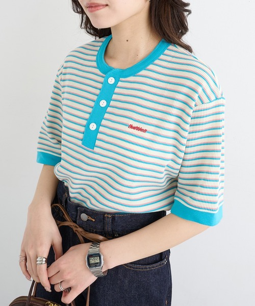 Healthknit（ヘルスニット）の「【Healthknit】26SS Multi Border Waffle Henleyneck S/S 679S（Tシャツ/カットソー・レディース・アイボリー系1/ライム/ブラウン系1・FREE）」の3枚目の写真