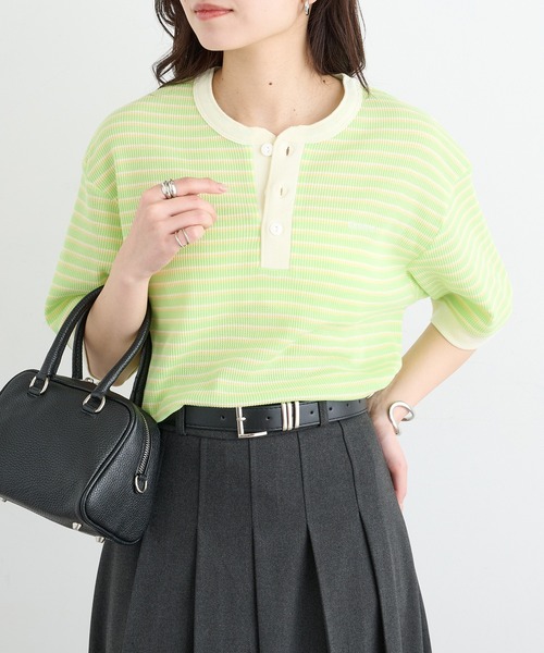 Healthknit（ヘルスニット）の「【Healthknit】26SS Multi Border Waffle Henleyneck S/S 679S（Tシャツ/カットソー・レディース・アイボリー系1/ライム/ブラウン系1・FREE）」の2枚目の写真