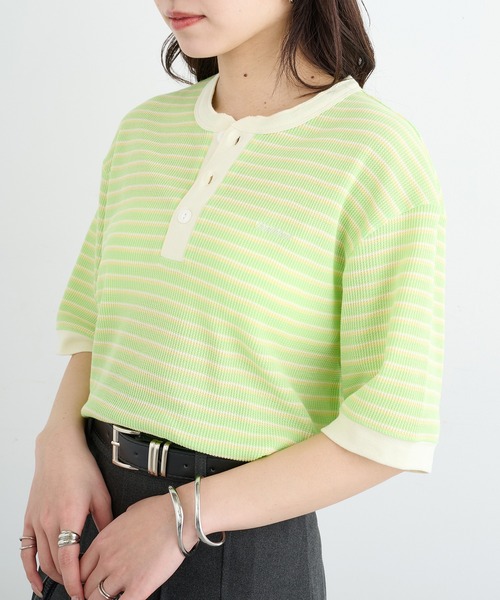 Healthknit（ヘルスニット）の「【Healthknit】26SS Multi Border Waffle Henleyneck S/S 679S（Tシャツ/カットソー・レディース・アイボリー系1/ライム/ブラウン系1・FREE）」の4枚目の写真