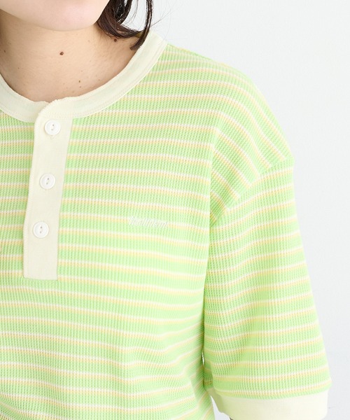 Healthknit（ヘルスニット）の「【Healthknit】26SS Multi Border Waffle Henleyneck S/S 679S（Tシャツ/カットソー・レディース・アイボリー系1/ライム/ブラウン系1・FREE）」の6枚目の写真