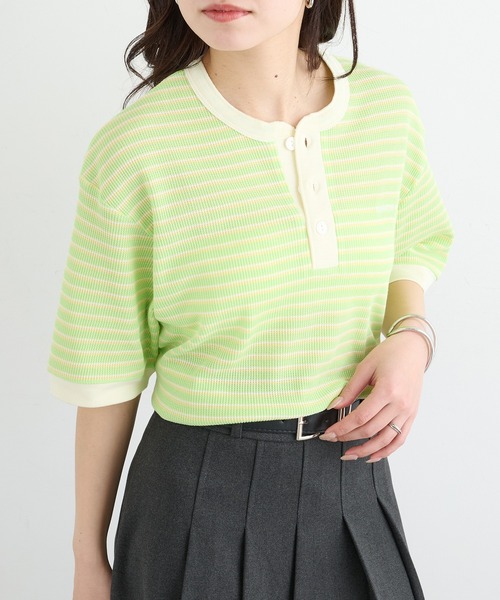 Healthknit（ヘルスニット）の「【Healthknit】26SS Multi Border Waffle Henleyneck S/S 679S（Tシャツ/カットソー・レディース・アイボリー系1/ライム/ブラウン系1・FREE）」の5枚目の写真