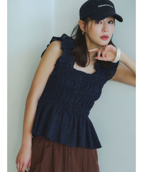 LAGUNAMOON(ラグナムーン)の「シアーチェックシャーリングブラウス 【夏服】【レイヤードトップス】(シャツ/ブラウス・レディース・ネイビー/ブラウン/ホワイト・FREE)」の1枚目の写真