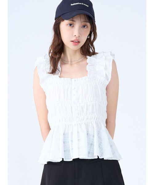 LAGUNAMOON(ラグナムーン)の「シアーチェックシャーリングブラウス 【夏服】【レイヤードトップス】(シャツ/ブラウス・レディース・ネイビー/ブラウン/ホワイト・FREE)」の2枚目の写真