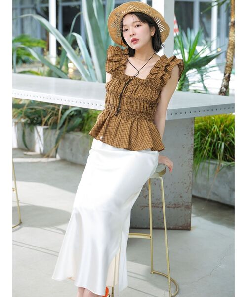 LAGUNAMOON(ラグナムーン)の「シアーチェックシャーリングブラウス 【夏服】【レイヤードトップス】(シャツ/ブラウス・レディース・ネイビー/ブラウン/ホワイト・FREE)」の10枚目の写真