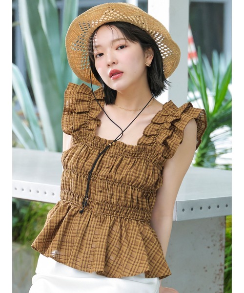 LAGUNAMOON(ラグナムーン)の「シアーチェックシャーリングブラウス 【夏服】【レイヤードトップス】(シャツ/ブラウス・レディース・ネイビー/ブラウン/ホワイト・FREE)」の3枚目の写真