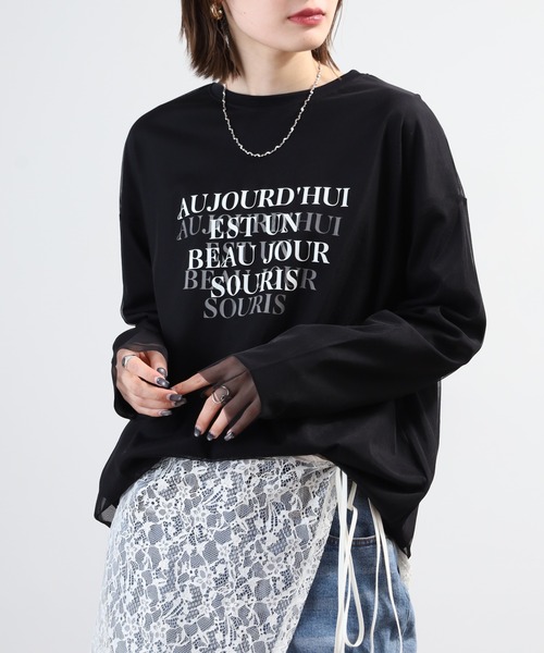 hunch(ハンチ)の「hunch チュールレイヤードロンT(Tシャツ/カットソー・レディース・オフホワイト/ブラック/ライトベージュ・FREE)」の2枚目の写真