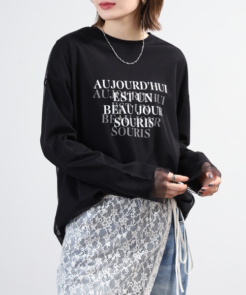 hunch(ハンチ)の「hunch チュールレイヤードロンT(Tシャツ/カットソー・レディース・オフホワイト/ブラック/ライトベージュ・FREE)」の13枚目の写真