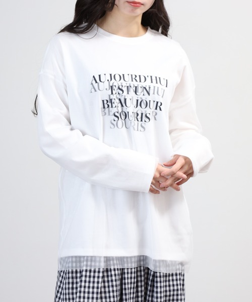 hunch(ハンチ)の「hunch チュールレイヤードロンT(Tシャツ/カットソー・レディース・オフホワイト/ブラック/ライトベージュ・FREE)」の5枚目の写真