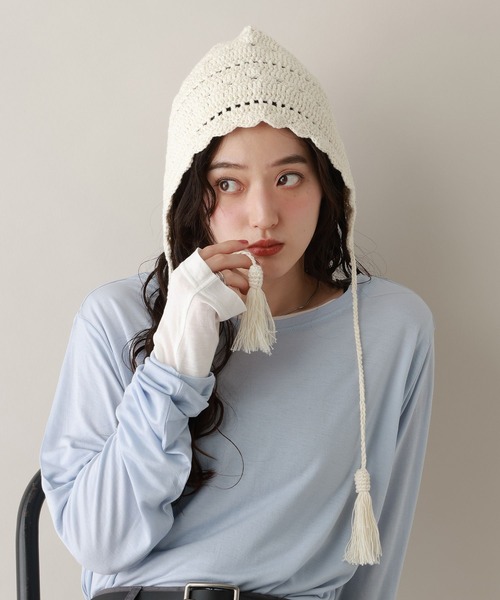 RAGEBLUE（レイジブルー）の「クロシェ編みボンネット（ニットキャップ/ビーニー・レディース・ブルー/ホワイト・FREE）」の7枚目の写真