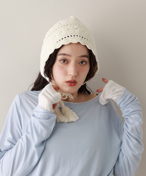 RAGEBLUE（レイジブルー）の「クロシェ編みボンネット（ニットキャップ/ビーニー・レディース・ブルー/ホワイト・FREE）」の9枚目の写真