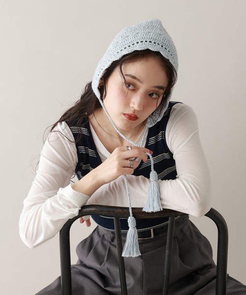 RAGEBLUE（レイジブルー）の「クロシェ編みボンネット（ニットキャップ/ビーニー・レディース・ブルー/ホワイト・FREE）」の10枚目の写真