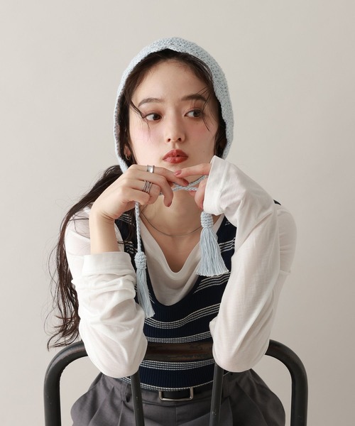 RAGEBLUE（レイジブルー）の「クロシェ編みボンネット（ニットキャップ/ビーニー・レディース・ブルー/ホワイト・FREE）」の11枚目の写真