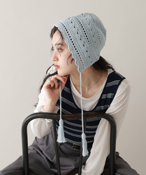 RAGEBLUE（レイジブルー）の「クロシェ編みボンネット（ニットキャップ/ビーニー・レディース・ブルー/ホワイト・FREE）」の12枚目の写真