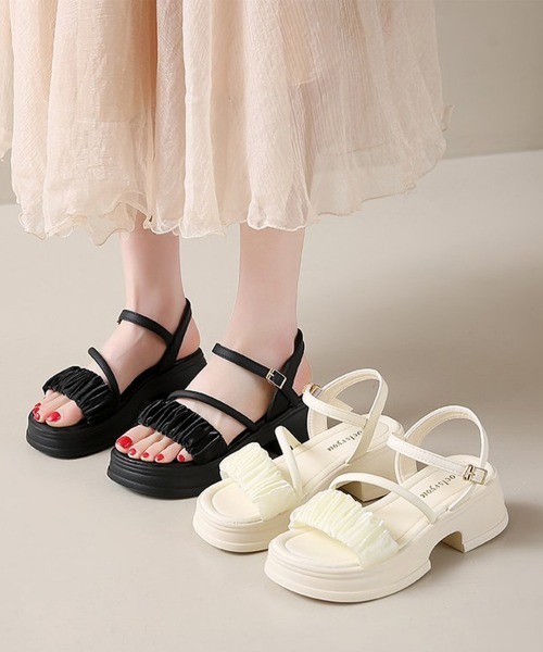 Miniministore（ミニミニストア）の「厚底サンダル 太ヒールフリルサンダル美脚（サンダル・レディース・アイボリー/ブラック・24.5cm/24.0cm/23.5cm/23.0cm/22.5cm）」の17枚目の写真