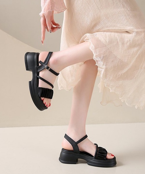Miniministore（ミニミニストア）の「厚底サンダル 太ヒールフリルサンダル美脚（サンダル・レディース・アイボリー/ブラック・24.5cm/24.0cm/23.5cm/23.0cm/22.5cm）」の3枚目の写真