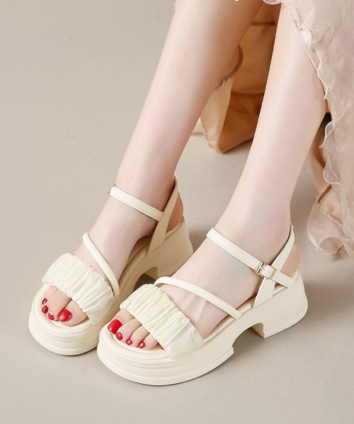Miniministore（ミニミニストア）の「厚底サンダル 太ヒールフリルサンダル美脚（サンダル・レディース・アイボリー/ブラック・24.5cm/24.0cm/23.5cm/23.0cm/22.5cm）」の4枚目の写真