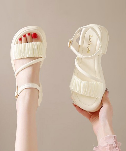 Miniministore（ミニミニストア）の「厚底サンダル 太ヒールフリルサンダル美脚（サンダル・レディース・アイボリー/ブラック・24.5cm/24.0cm/23.5cm/23.0cm/22.5cm）」の7枚目の写真