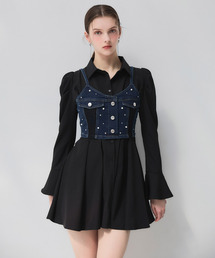 liberty デニムビスチェ×タックシャツミニワンピース