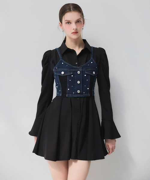 ROYAL PARTY(ロイヤルパーティー)の「liberty デニムビスチェ×タックシャツミニワンピース(シャツワンピース・レディース・インディゴブルー/ブルー・FREE)」の1枚目の写真