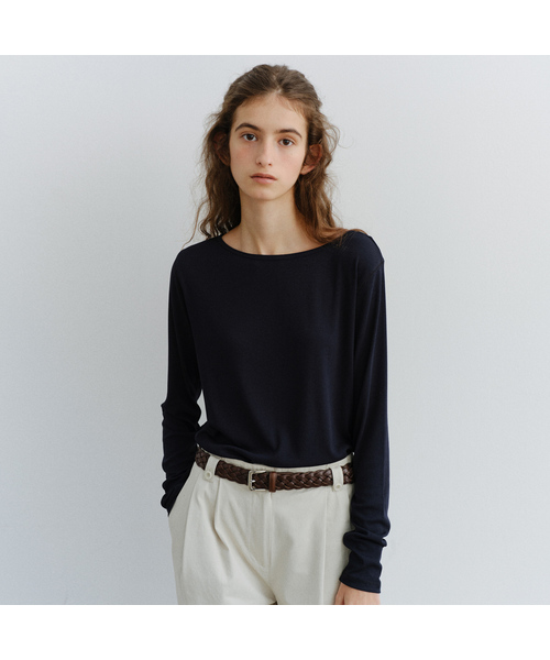 URAGO(ユラーゴ)の「Ribbed boatneck t-shirt(Tシャツ/カットソー・レディース・スカイブルー/ブラウン/ライトグレー/ホワイト/ネイビー・FREE)」の1枚目の写真
