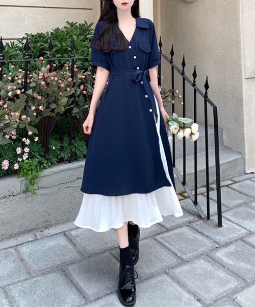 &soiree(アンドソワレ)の「ウエストリボン異素材ドッキングシャツワンピース(シャツワンピース・レディース・オレンジ/ネイビー/ピンク/サックスブルー・X-LARGE/LARGE/MEDIUM/SMALL)」の1枚目の写真