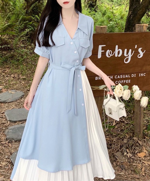 &soiree(アンドソワレ)の「ウエストリボン異素材ドッキングシャツワンピース(シャツワンピース・レディース・オレンジ/ネイビー/ピンク/サックスブルー・X-LARGE/LARGE/MEDIUM/SMALL)」の5枚目の写真