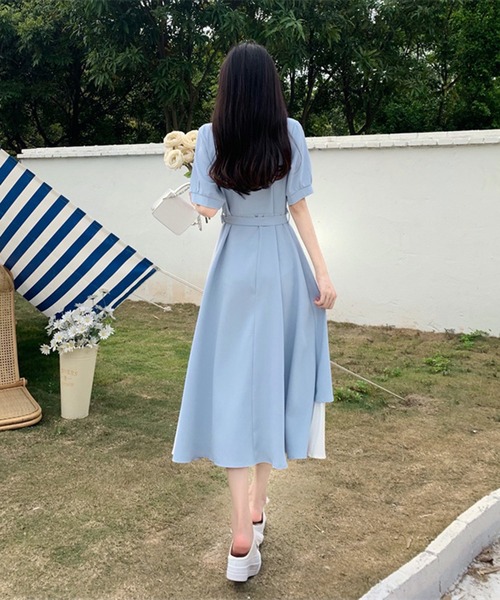 &soiree(アンドソワレ)の「ウエストリボン異素材ドッキングシャツワンピース(シャツワンピース・レディース・オレンジ/ネイビー/ピンク/サックスブルー・X-LARGE/LARGE/MEDIUM/SMALL)」の6枚目の写真