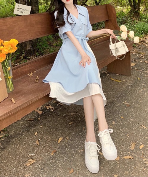 &soiree(アンドソワレ)の「ウエストリボン異素材ドッキングシャツワンピース(シャツワンピース・レディース・オレンジ/ネイビー/ピンク/サックスブルー・X-LARGE/LARGE/MEDIUM/SMALL)」の7枚目の写真