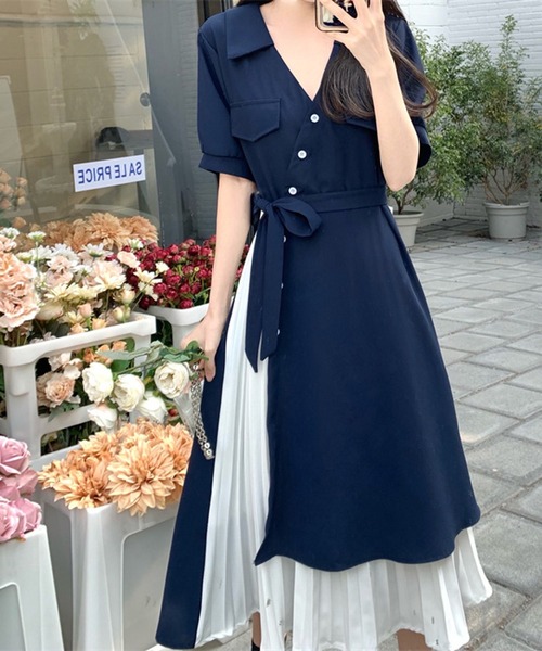 &soiree(アンドソワレ)の「ウエストリボン異素材ドッキングシャツワンピース(シャツワンピース・レディース・オレンジ/ネイビー/ピンク/サックスブルー・X-LARGE/LARGE/MEDIUM/SMALL)」の8枚目の写真