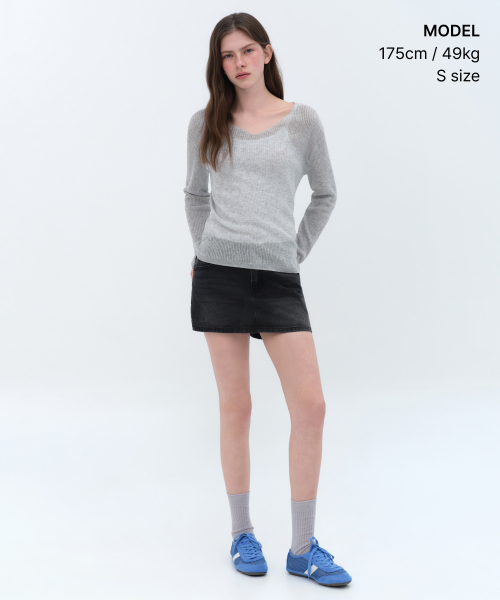 MUSINSA STANDARD WOMAN（ムシンサスタンダードウーマン）の「ウィメンズ リネンブレンド リブド Vネック シアーニット [メランジライトグレー]（ニット/セーター・レディース・その他・X-SMALL/SMALL/MEDIUM/LARGE）」の2枚目の写真