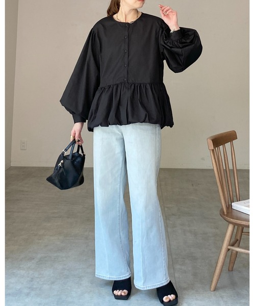 She's Closet(シーズクローゼット)の「長袖 ギャザー切り替え 裾バルーン ペプラムフレアブラウス(シャツ/ブラウス・レディース・ホワイト/ブラック・FREE)」の7枚目の写真