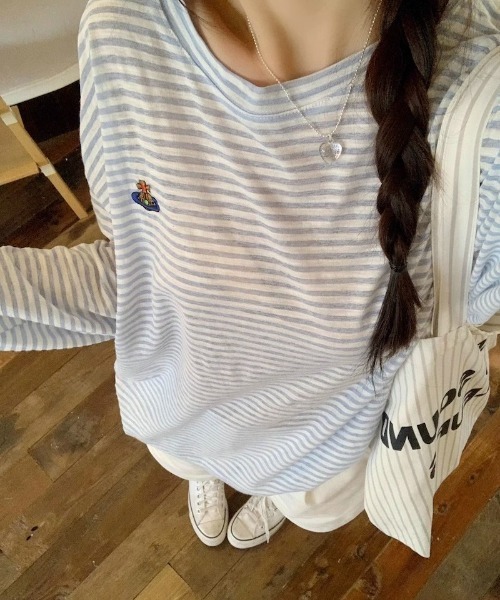 Ritzy(リッツィー)の「薄手オーバーサイズ ボーダー長袖 T シャツ(Tシャツ/カットソー・レディース・ブルー・M)」の20枚目の写真