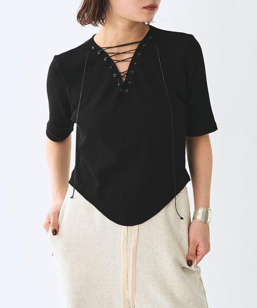 Whim Gazette(ウィムガゼット)の「<WEB限定>【Nuition】レースアッププルオーバー(Tシャツ/カットソー・レディース・グレー/ブラック・FREE)」の1枚目の写真