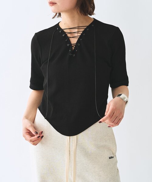 Whim Gazette(ウィムガゼット)の「<WEB限定>【Nuition】レースアッププルオーバー(Tシャツ/カットソー・レディース・グレー/ブラック・FREE)」の4枚目の写真