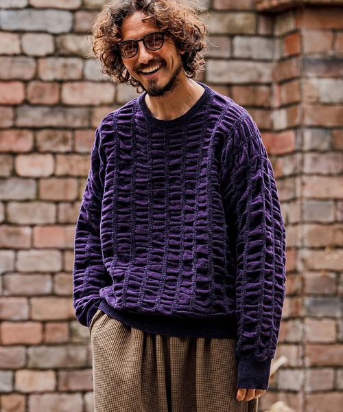 CAMBIO(カンビオ)の「mn3256-Flexiguard Chenille Knit Curved Neck Pullover クルーネックプルオーバーニット(A71126cmb)(ニット/セーター・メンズ・ブルーグリーン/ブラック/パープル/チャコール/キナリ・L/M/S)」の5枚目の写真