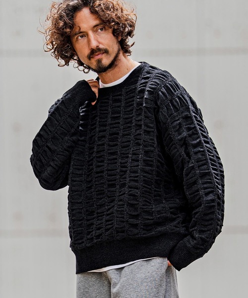 CAMBIO(カンビオ)の「mn3256-Flexiguard Chenille Knit Curved Neck Pullover クルーネックプルオーバーニット(A71126cmb)(ニット/セーター・メンズ・ブルーグリーン/ブラック/パープル/チャコール/キナリ・L/M/S)」の1枚目の写真