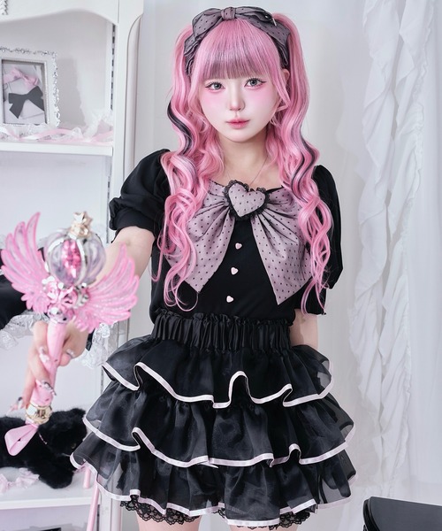Magia Charm(マギアチャーム)の「リボンパフハーフスリーブカットソー(Tシャツ/カットソー・レディース・ホワイト/ブラック・F)」の4枚目の写真