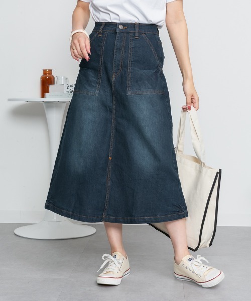 MARAI（マーライ）の「デニムロングベイカースカート ストレッチデニム ロングスカート（デニムスカート・レディース・ネイビー/ブルー・4L/LL/3L/L/M）」の7枚目の写真