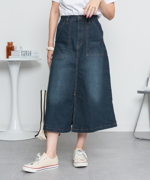 MARAI（マーライ）の「デニムロングベイカースカート ストレッチデニム ロングスカート（デニムスカート・レディース・ネイビー/ブルー・4L/LL/3L/L/M）」の6枚目の写真