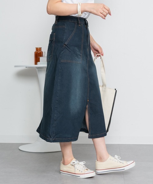 MARAI（マーライ）の「デニムロングベイカースカート ストレッチデニム ロングスカート（デニムスカート・レディース・ネイビー/ブルー・4L/LL/3L/L/M）」の5枚目の写真