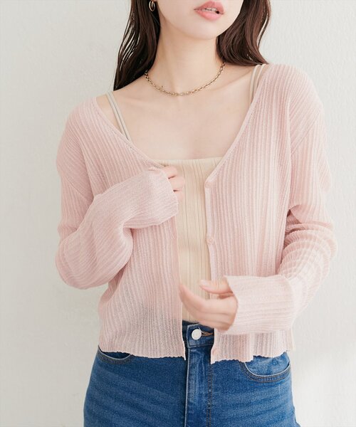 natural couture（ナチュラルクチュール）の「針抜きリブシアーラメカーデ（カーディガン/ボレロ・レディース・グレイッシュベージュ/ライトベージュ/ピンク/サックスブルー/ネイビー/ブラック・FREE）」の16枚目の写真