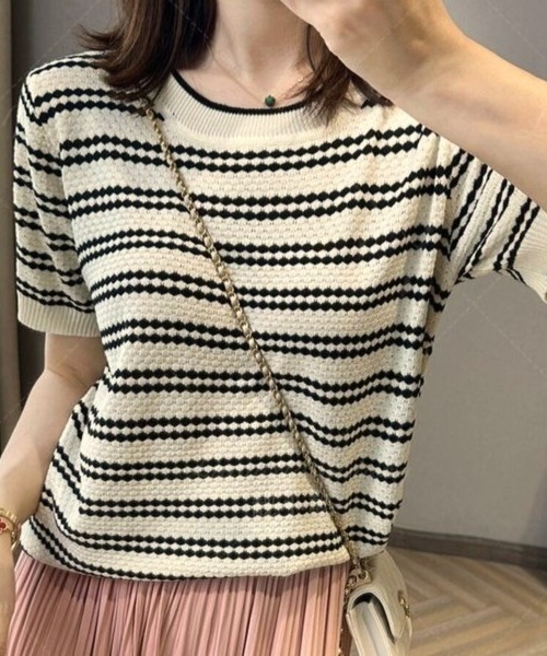 Beststore（ベストストア）の「サマーニット ボーダー柄 トップス 半袖プルオーバー カットソー レディース 春夏秋 きれいめ オフィスカジュアル（ニット/セーター・レディース・ブラック/ベージュ/カーキ・FREE）」の3枚目の写真