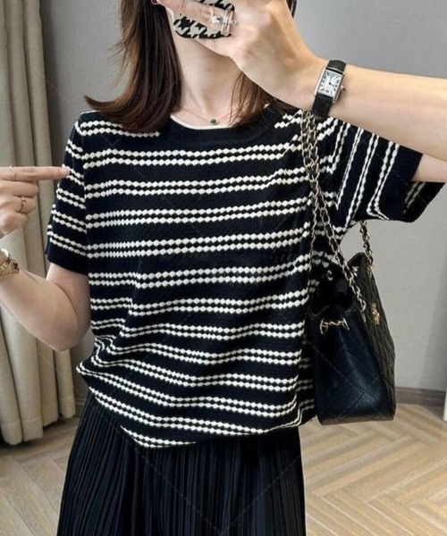 Beststore（ベストストア）の「サマーニット ボーダー柄 トップス 半袖プルオーバー カットソー レディース 春夏秋 きれいめ オフィスカジュアル（ニット/セーター・レディース・ブラック/ベージュ/カーキ・FREE）」の2枚目の写真