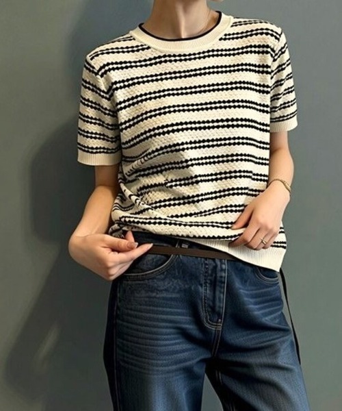 Beststore（ベストストア）の「サマーニット ボーダー柄 トップス 半袖プルオーバー カットソー レディース 春夏秋 きれいめ オフィスカジュアル（ニット/セーター・レディース・ブラック/ベージュ/カーキ・FREE）」の4枚目の写真