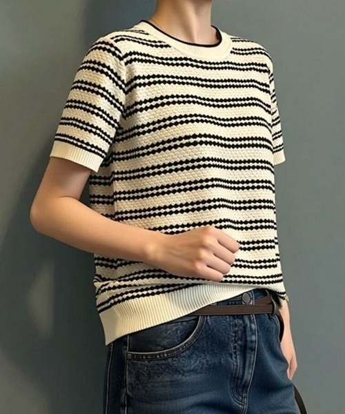 Beststore（ベストストア）の「サマーニット ボーダー柄 トップス 半袖プルオーバー カットソー レディース 春夏秋 きれいめ オフィスカジュアル（ニット/セーター・レディース・ブラック/ベージュ/カーキ・FREE）」の5枚目の写真
